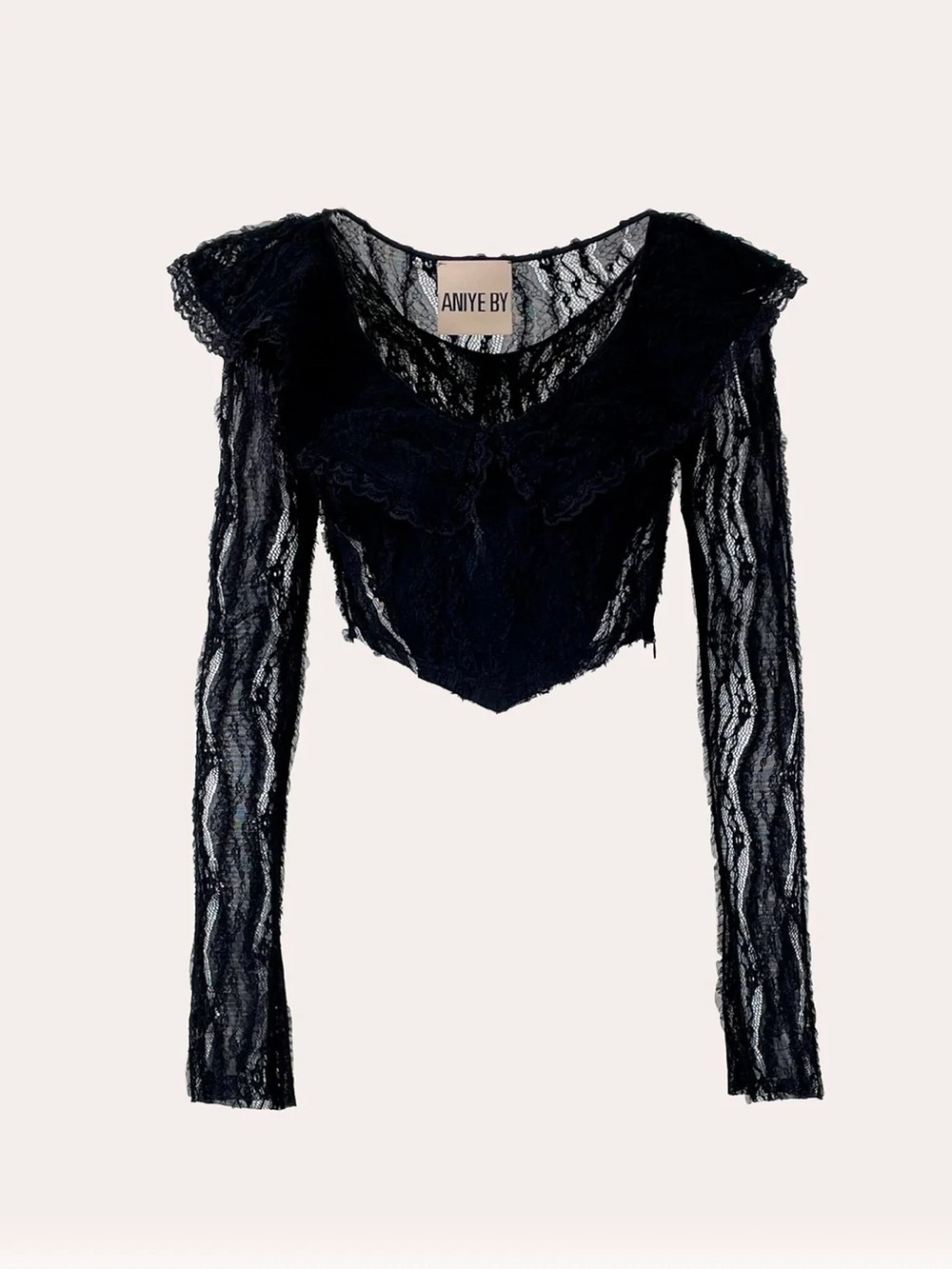 NWT Aniye By Yama Black Lace Corset Crop Top Ruffle Long Sleeve Size IT 46 Large